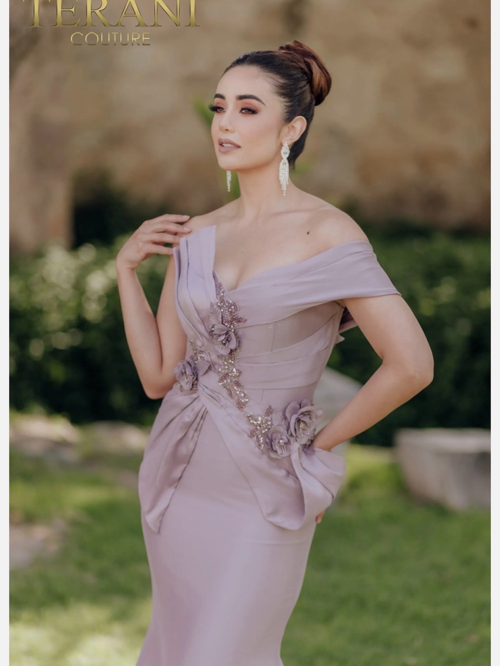 Terani Couture Lavender Satin One-Shoulder Gown with Floral Appliqué